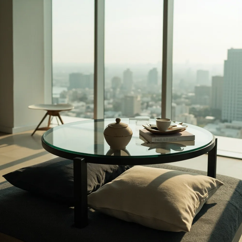 Modern majlis coffee table with teapot and low seating arrangement