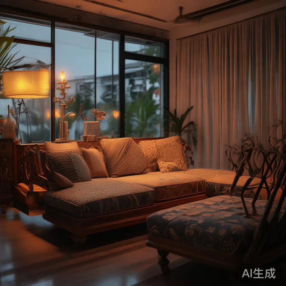 Creating Spacious Living in Singapore's Compact Homes — room setting at dusk with warm lamp light, film