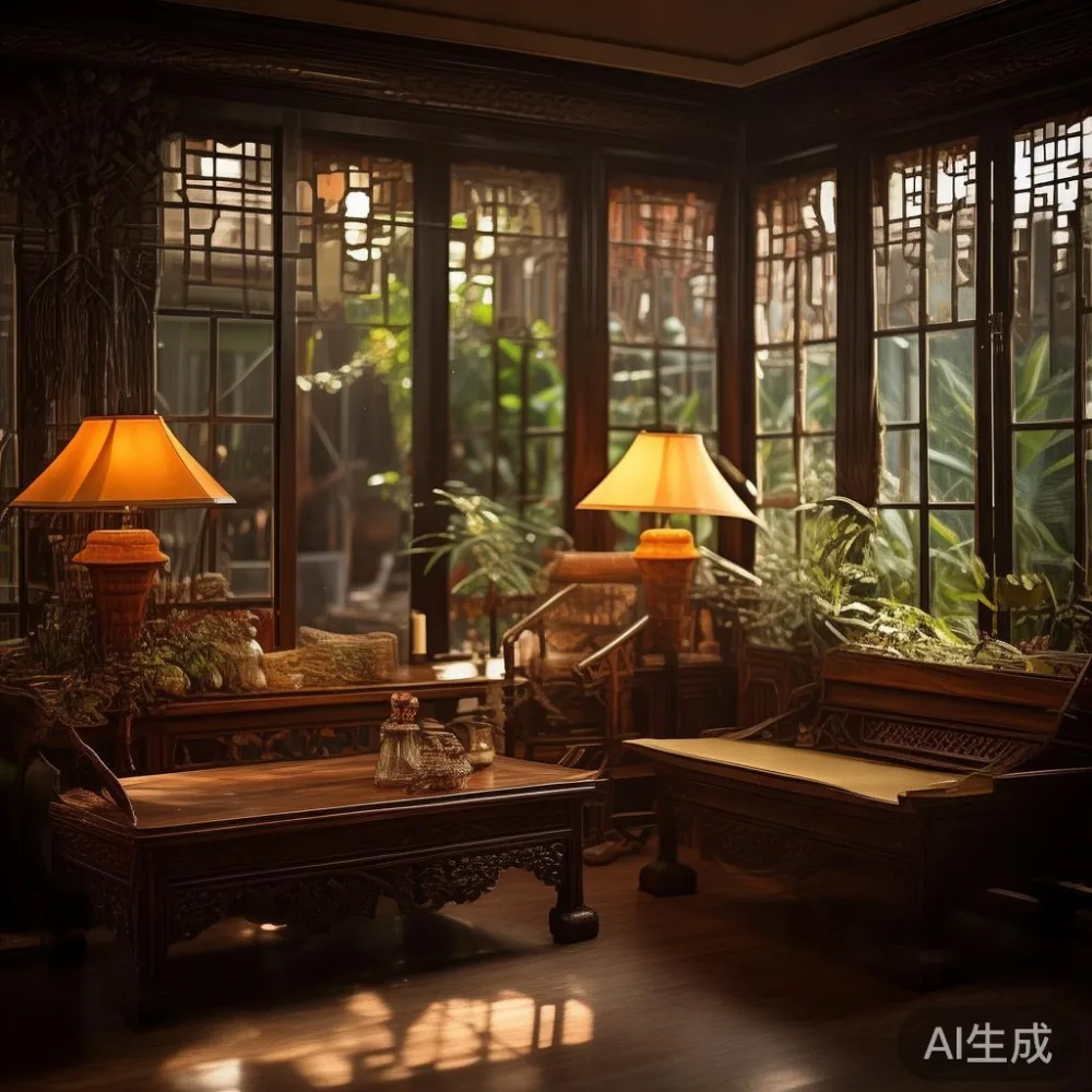 How Humidity in Southeast Asia Affects Wood Majlis Furniture — A Pract — room setting at dusk with warm lamp light, film 