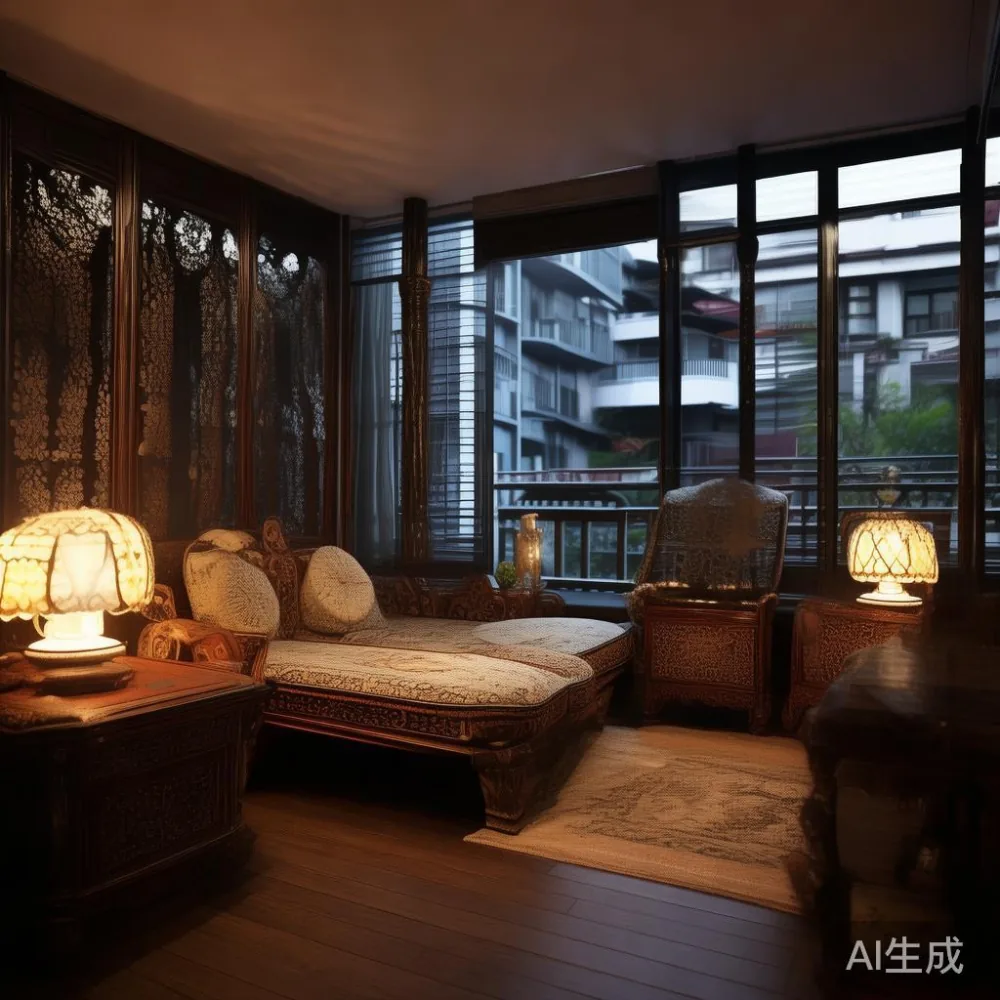 How to Style a Small Singapore Apartment with Majlis Furniture (Withou — room setting at dusk with warm lamp light, film 