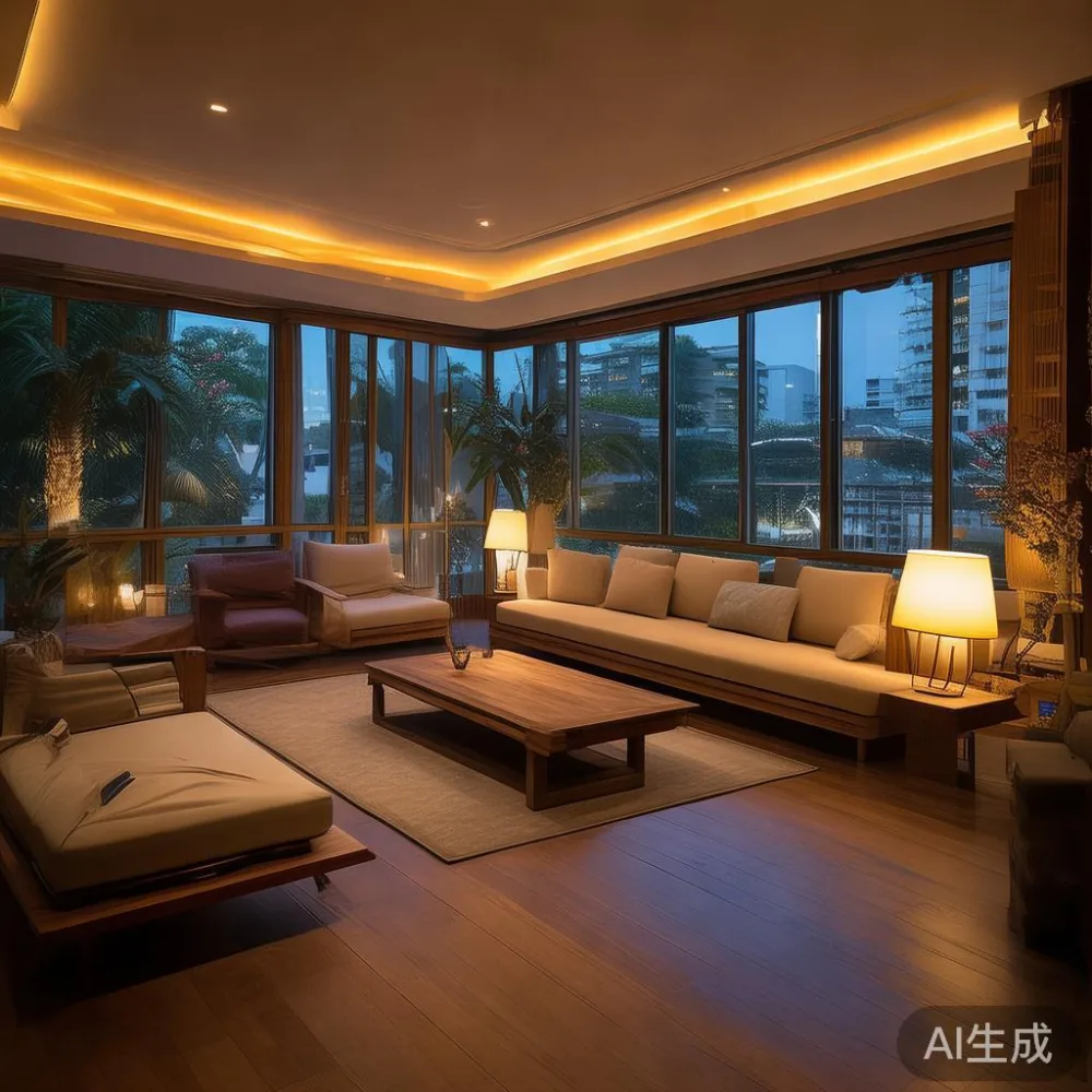 How to Match Solid Wood Furniture to a Warm Minimal Interior in Singap — room setting at dusk with warm lamp light, film
